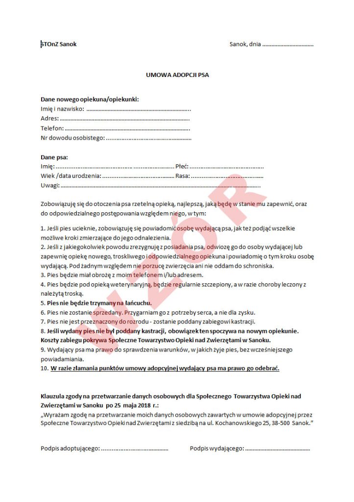 Wzór umowy adopcji psa